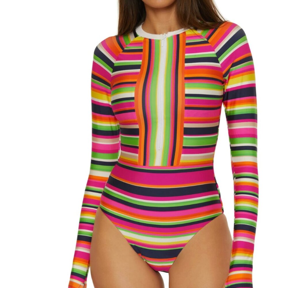 Trina Turk Striped Rashguard Surf Suit One Piece Long Sleeve Swimsuit